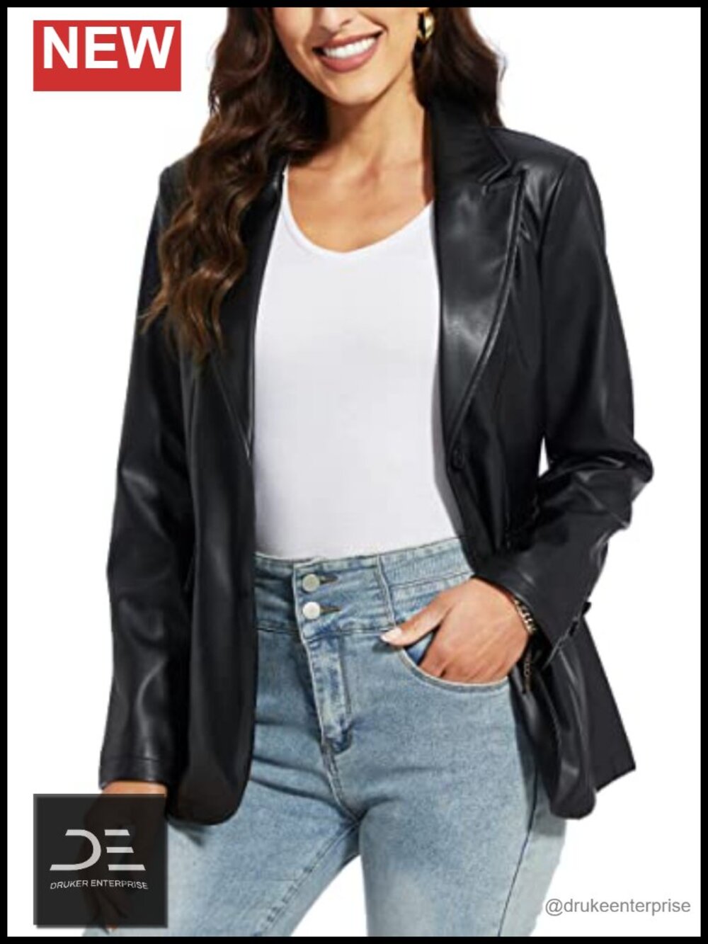 Faux Leather Blazer Jacket Oversized Casual Coat Long Sleeve